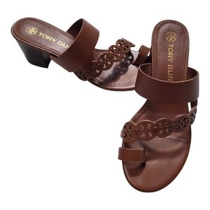 Tory Burch Tiny Miller Sandals Brown Leather Toe Ring Heeled Womens Size 8.5